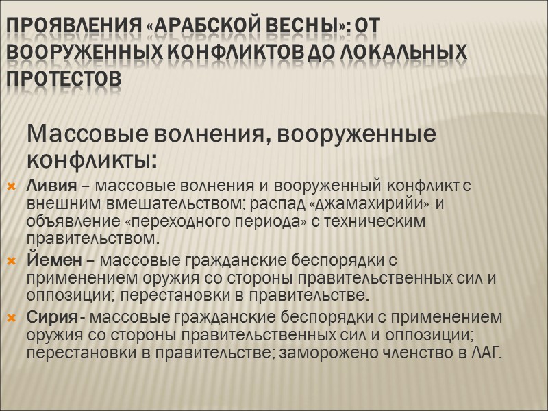 Проявления «арабской весны»: от вооруженных конфликтов до локальных протестов    Массовые волнения,